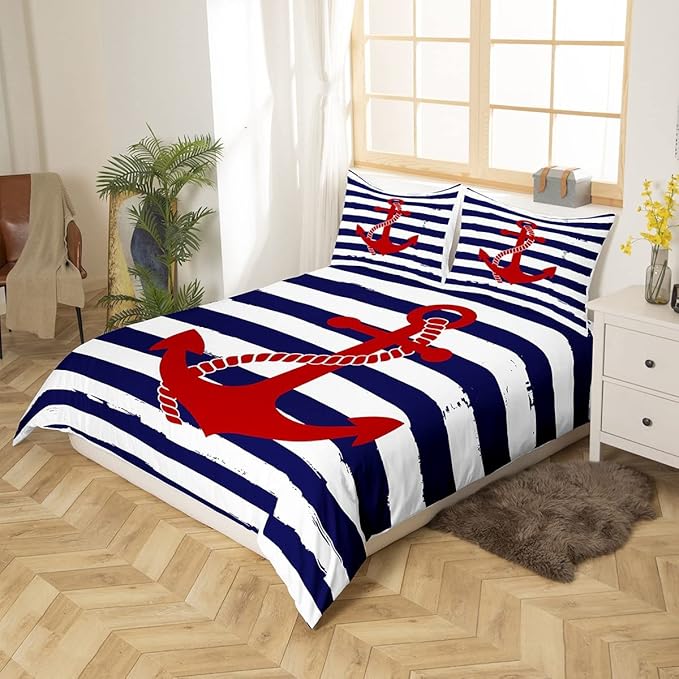Nautical Anchor Duvet Cover Set Full,Geometric Stripes Comforter Cover Ocean Adventure Theme Quilt Cover Navy Blue and Red Bedding Set 3pcs for Kids Girls Teens Boys Room Decor with 2 Pillowcases