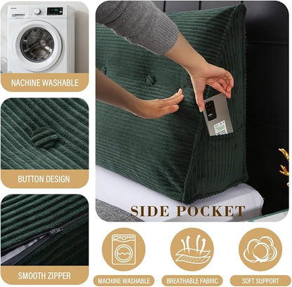 Wedge Headboard Pillow for Bed, King Dorm Headboard Support for Sitting Up Reading, Relaxing, Removable Washable Corduroy Cover, Polyester and Shredded Foam Filling, Green