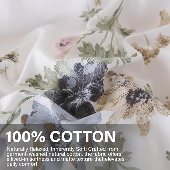 100% Cotton Duvet Cover Queen Size Vintage Floral Duvet Cover Set with Zipper Closure & Corner Ties 3 Pieces Botanical Bedding Sets Soft and Lightweight Comforter Cover for All Seasons