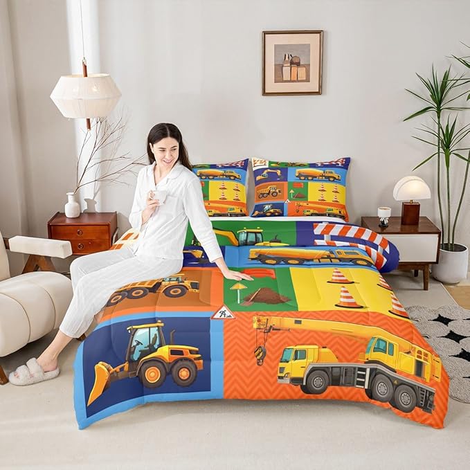 Cartoon Car Kids Comforter Set Full Size Excavator Tractor Truck Bedding 3pcs Boys Teens Bedroom Decor Construction Vehicles Quilted Duvet Colorful Patchwork Plaid Insert,2 Pillowcases