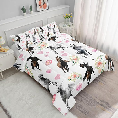 Western Horse Comforter Set Retro Floral Printed Bedding Set with 1 Comforter and 2 Pillowcases for Boys and Girls Bedroom All Season(Horse Queen)