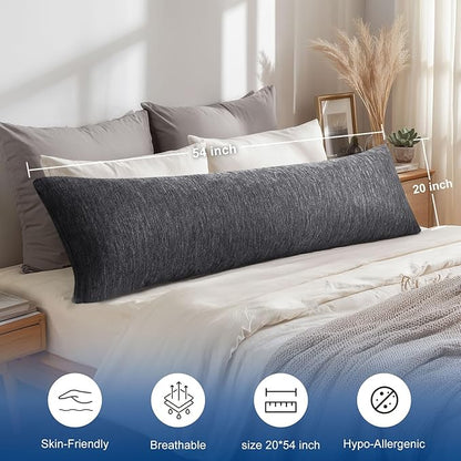 Hiasan Cooling Adult Body Pillow - Memory Foam Insert, Long Full Body Pillow for Side Sleepers, Bed,Sleeping,Soft Support for Pregnant Women, Back Pain Relief, 20x54 Inch, Grey