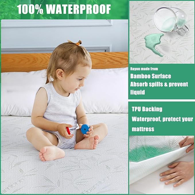 Waterproof Mattress Protector Twin Size, Viscose Cooling Breathable Mattress Cover, Fitted Deep Pocket Mattress Pad Cover Stretches up to 23 Inches, Noiseless Soft Bed Cover