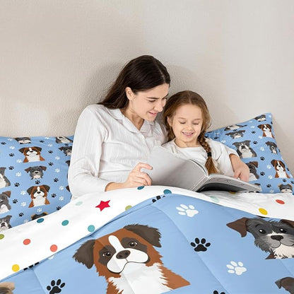 Castle Fairy Cartoon Dogs Bedding Set,Cute Puppy Paw Prints Comforter Set for Kids Boys Teens,Watercolor Lovely Pet Animals Decor Comforter Duvet Set with 2 Pillowcases Full Size 3 Pcs