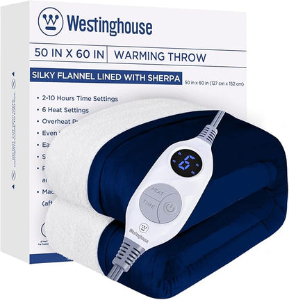 Westinghouse Heated Throw Blanket, Electric Blanket Throw with 6 Heating Levels and 2-10 Hours Time Settings, Flannel to Sherpa Super Cozy Heated Blanket Machine Washable, 50x60 inch, Navy