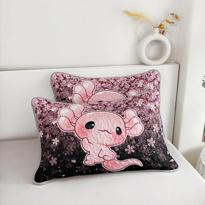 QOOMO Axolotl Quilt Set Full/Queen Size,Sakura Salamander Bedspread Coverlet Set,Cherry Blossom 3Pcs Bedding Set Printed Quilt with 2 Pillowcases,Soft and Lightweight,for All Seasons