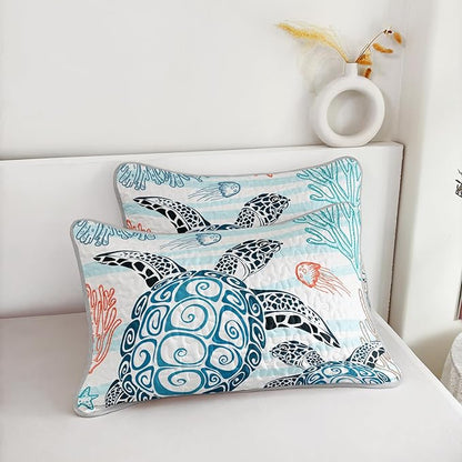 HOSIMA Sea Turtle King Size Bedding Set,Corals Jellyfish Starfish Pattern Lightweight Quilt,Ocean Themed Bedding for Beachy Room Decor Aesthetic with 2 Pillowcases.