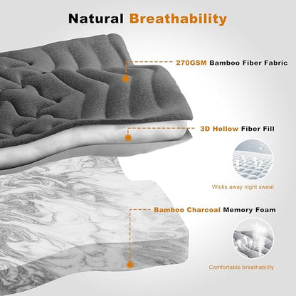 Dual Layer 4 Inch Bamboo Memory Foam Mattress Topper King Size, 2 Inch Thick Soft Quilted Pillow Top Cover Plus 2 Inch Charcoal Gel Memory Foam Mattress Pad for Back Pain Relief