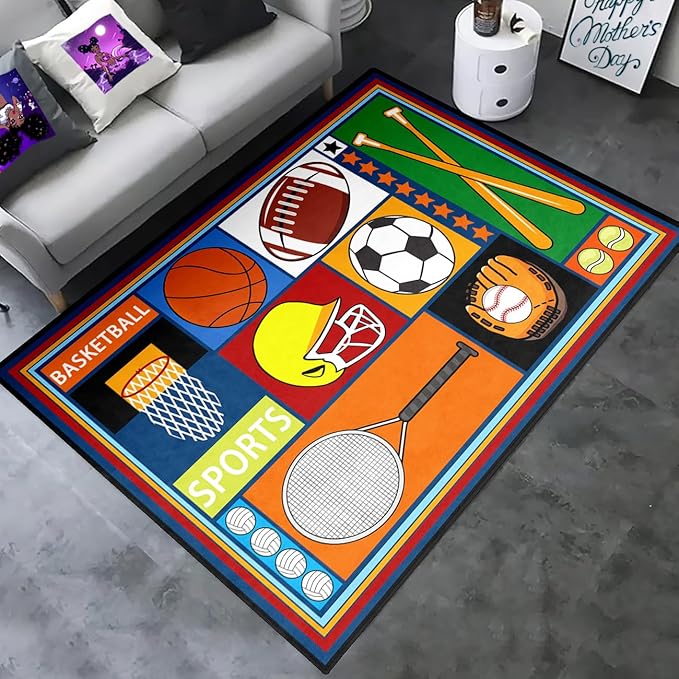 Sports Rugs for Boys Bedroom - Football & Soccer, Baseball, Basketball Rug for Boys Bedroom Decor Kids Carpet Soccer Carpet for Living Room Playroom Floor Mat Home Decor, 4x5 Feet
