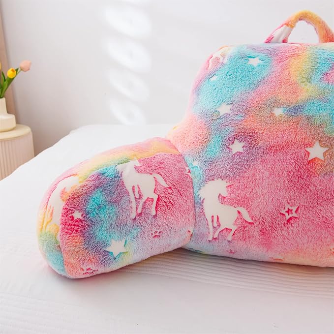 Meeting Story Colorful Unicorn Luminous Reading Pillows Glow in The Dark with Arms Back Pillow for Bed, Bed Rest Pillow for Adults, Teens, Kids, (Rainbow)