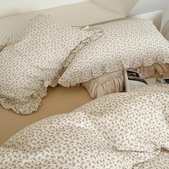 BuLuTu Shabby Chic Floral Duvet Cover for King Size Bed, Muslin Cotton Comforter Cover Set, Beige Camellia Flower Print Bedding Kids Teens Young Adults Quilt Cover with 2 Pillow Cases