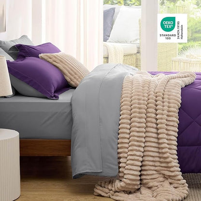 Bedsure King Size Comforter Set - 7 Pieces Reversible Purple Bedding, King Size Bed Set for All Seasons, Bed in a Bag with Down Alternative Comforter, Sheets, Pillowcases & Shams