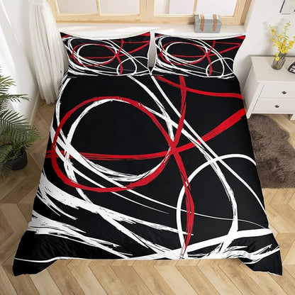 Black Abstract Spiral Duvet Cover Set Queen Size, Stripes Modern Red Black White Bedding Set with 2 Pillowcases, Art Geometric Circle Quilt Cover for Kids Boys Polyester Comforter Cover (No Comforter)