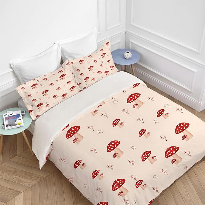 Mushroom Bedding Set Cartoon Mushroom Theme Comforter Set for Kids Teens Adults Women Men Red Mushroom Duvet Cover Bedroom Decor Soft King Size Quilt Cover with 2 Pillowcases