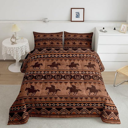 Feelyou Western Decor Comforter Set Full Size Horse Comforter Southwestern Native Aztec Bedding Set Retro Exotic Boho Duvet Set Room Decor Rustic Brown Quilt Set