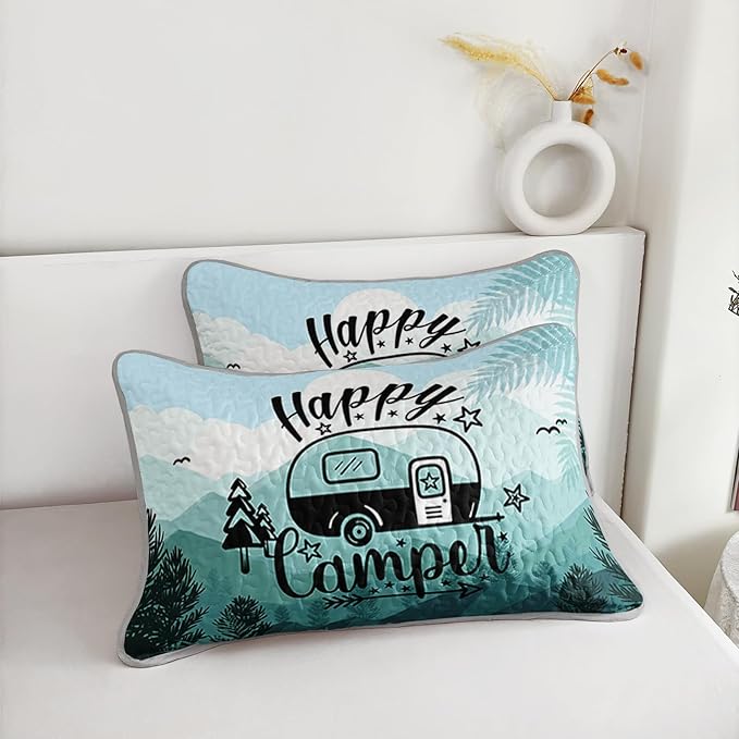 QOOMO Camping Quilt Set King Size,Camping Bedspread Coverlet Set,3Pcs Bedding Set Printed Quilt with 2 Pillowcases,Soft and Lightweight,for All Seasons