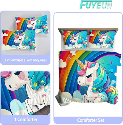 Unicorn Comforter Full Size Rainbow Bedding Set for Girls Kids Children Boys Teens Cartoon Unicorn Light Blue Quilt 1 Comforter + 2 Pillowcases