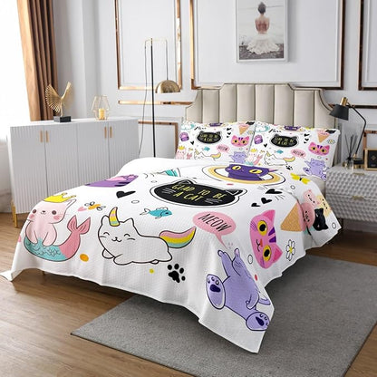 Erosebridal Mermaid Cat Bedding Set King Size, Cute Aimal Bedspread for Kids Cartoon Cat Quilt, Home Decoration 3 Pcs Coverlet Set with 2 Pillowcases