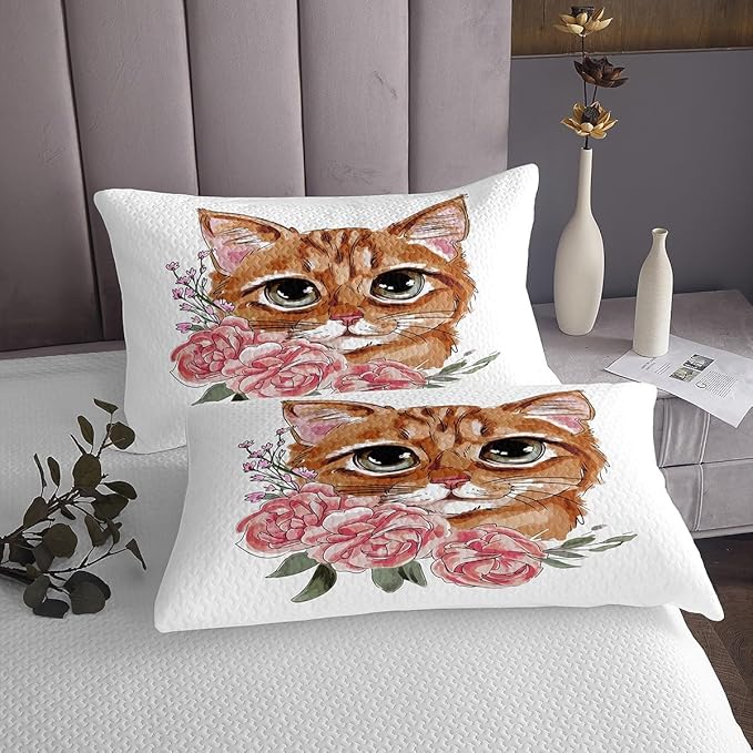 Feelyou Girls Cat Quilted Coverlet for Kids Daughter Cute Kitten Print Coverlet Set Rose Floral Flowers Bedspread Pet Cat Pattern Quilted Room Decor Twin Size Bedding Collection