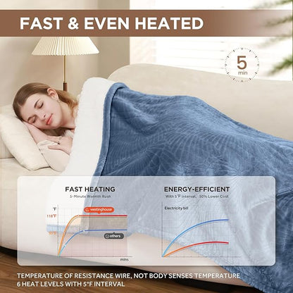 Westinghouse Electric Blanket Full, Flower Jacquard Heated Blanket Full Size with 10 Heating Levels and 1-12 Hours Auto-Off, Flannel to Sherpa Reversible, Machine Washable (72" x 84", Blue)