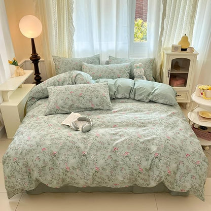 Duvet Cover Full 3Pcs Green Pink Floral Bedding Set for Girls Kids Botanical Flower Bedding Reversible Striped Pattern Soft Microfiber Sage Green Bedding with 2 Pillowcases(No Comforter)