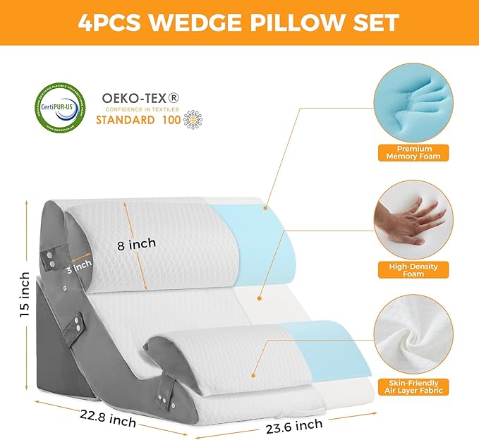 4PCS Wedge Pillow Set for After Surgery, 10-in-1 Adjustable Wedge Pillow for Acid Reflux Relief, Bed Wedge Pillows for Sleeping, Snoring & Back Pain Relief, Sit up Pillow for Bed, White