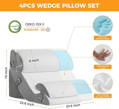 4PCS Wedge Pillow Set for After Surgery, 10-in-1 Adjustable Wedge Pillow for Acid Reflux Relief, Bed Wedge Pillows for Sleeping, Snoring & Back Pain Relief, Sit up Pillow for Bed, White