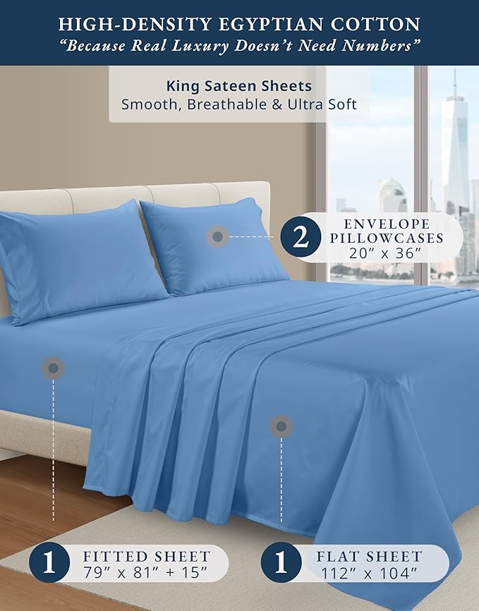 LANE LINEN 100% Egyptian Cotton King Bed Sheets, No Pill Cooling Sheets King Size, Soft & Comfy Sateen Weave for Silky Smooth Finish, Available in Variety of Colors - Blue Jasper