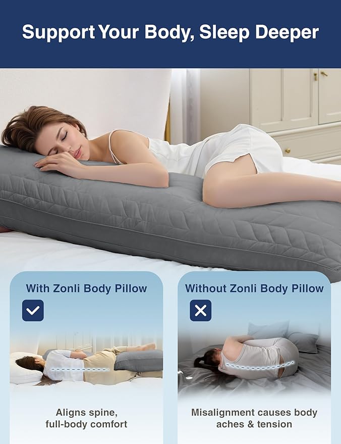 ZonLi Adjustable Memory Foam Body Pillow for Adults, Firm Support Long Pillow for Side Sleepers, Elegant Quilted 20x54 inch, Grey