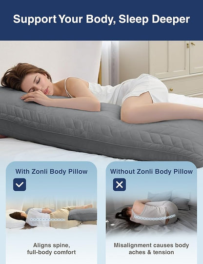 ZonLi Adjustable Memory Foam Body Pillow for Adults, Firm Support Long Pillow for Side Sleepers, Elegant Quilted 20x54 inch, Grey