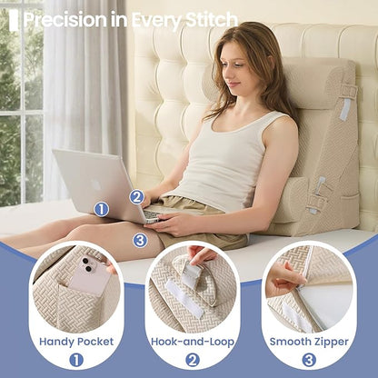 Sasttie Wedge Pillow Set for After Surgery, 3PCS Adjustable Bed Wedge Pillow Headboard with Memory Foam Neck Cushion – for Acid Reflux, Sleeping, Neck & Back Support, Beige