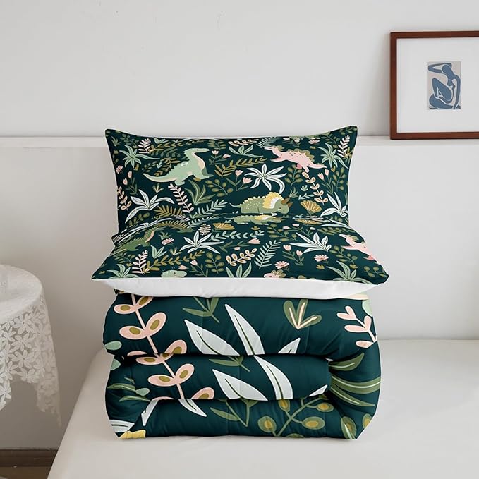 Castle Fairy Cute Dinosaur Comforter Set Twin Size,Kids Cartoon Dino Kawaii Animal Bedding Set for Kids Boys Men,Green Pink Leaves Plant Botanical Quilted Duvet Set with 1 Pillowcase