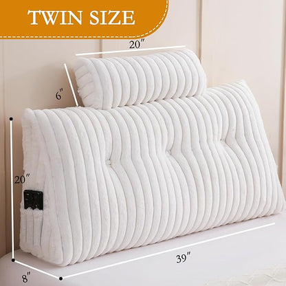 YOUR MOON Large Wedge Headboard Pillow Twin for Back with 1 Roll Pillow, Faux Fur Backrest Cushion with Shredded Memory Foam, Triangular Wedge Reading Pillow for Bed Sitting Up Sleeping, White