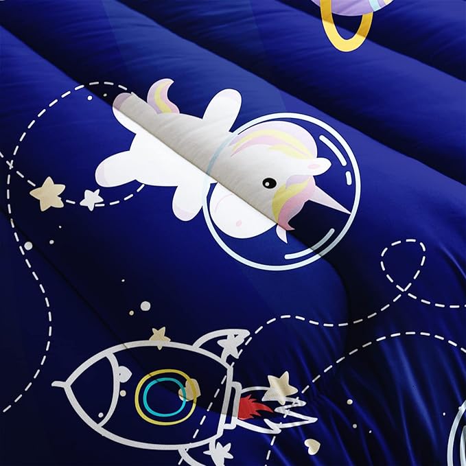 Unicorn Comforter Set Queen Size for Kid Girls Space Rocket Rainbow Star Pattern Quilt Bedding Set with 1 Comforter and 2 Pillowcases