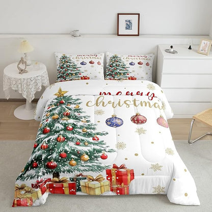 Erosebridal Christmas Tree Comforter Set Full,Merry Christmas Bedding Set for Kids Boys Girls,Happy New Year Down Comforter,Xmas Snowflake Reversible Bed Set with 2 Pillowcases Lightweight