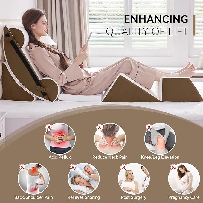 Wedge Pillow Set for After Surgery, 7 PCS Bed Wedge Pillow for Sleeping, Memory Foam Orthopedic Back Pillow for Pain Relief and Acid Reflux, Adjustable Post Surgery Pillow Brown