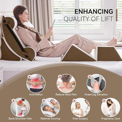 Wedge Pillow Set for After Surgery, 7 PCS Bed Wedge Pillow for Sleeping, Memory Foam Orthopedic Back Pillow for Pain Relief and Acid Reflux, Adjustable Post Surgery Pillow Brown