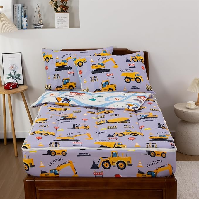 Holawakaka Kids Zipper Bedding Construction Comforter Set, Boys Twin Size Trucks Excavator Tractor Print Zippered Bed Sets,Toddler-boy Child Dorm Zip Bedding