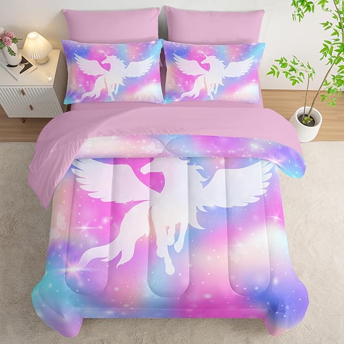 Galaxy Unicorn Bedding Set Queen - Unicorn Comforter Set (7 Piece) - Pegasus Galaxy Kids Bedding, Pink Purple Blue Girls Quilt Set, All Season Microfiber Bed Set with Shams, Flat/Fitted Sheet