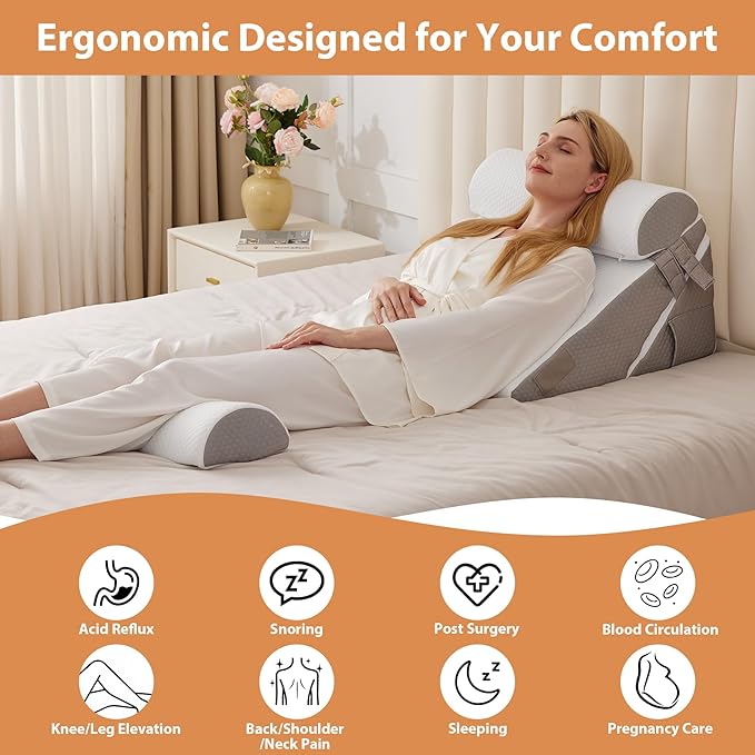 Orthopedic Bed Wedge Pillow Set 4Pcs, Adjustable Memory Foam Wedge Pillow, Pillow Wedges for Post Surgery, Back Pain Relief, Triangle Pillows for Acid Reflux, Snoring, GERD, White/Grey
