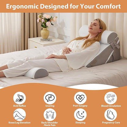 Orthopedic Bed Wedge Pillow Set 4Pcs, Adjustable Memory Foam Wedge Pillow, Pillow Wedges for Post Surgery, Back Pain Relief, Triangle Pillows for Acid Reflux, Snoring, GERD, White/Grey