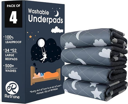 Retrona® Washable Underpads 34" x 52" Pack of 4 Heavy Absorbency Reusable Bedwetting Incontinence Pads for Adults, Kids, & Pets - Waterproof Protective Pad for Bed, Couch, Sofa, Floor (4 Pack - 34x52)