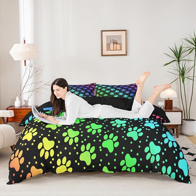 Castle Fairy Dog Paw Print Bedding Set Queen Size,Rainbow Gradient Puppy Paw for Dog Lover Duvet Cover Set for Children Bedroom Decor, Funny Pets Animal Microfiber Comforter Cover with 2 Pillowcases