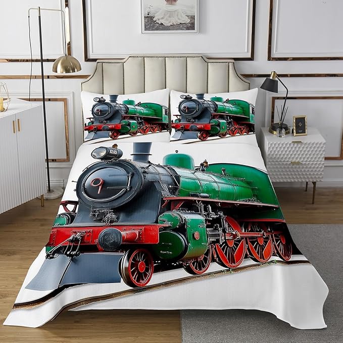 Erosebridal Vehicles Coverlet Set Twin Size Green Train Track Bedspread for Kids Child Boys Man,Transportation Bedding Set Railroad Car Quilt Set Kids Car Theme Room Bedroom Decor Red Green