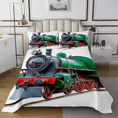 Erosebridal Vehicles Coverlet Set Twin Size Green Train Track Bedspread for Kids Child Boys Man,Transportation Bedding Set Railroad Car Quilt Set Kids Car Theme Room Bedroom Decor Red Green