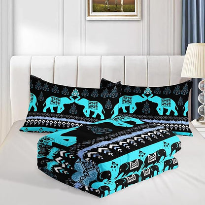 Western Comforter Set King Size Elephant Print Bedding for Kids,Blue Series Animal Themed Bedding Set for Boys Girls Room Decor,Boho Bedding Comforter Sets with 2 Pillowcases.