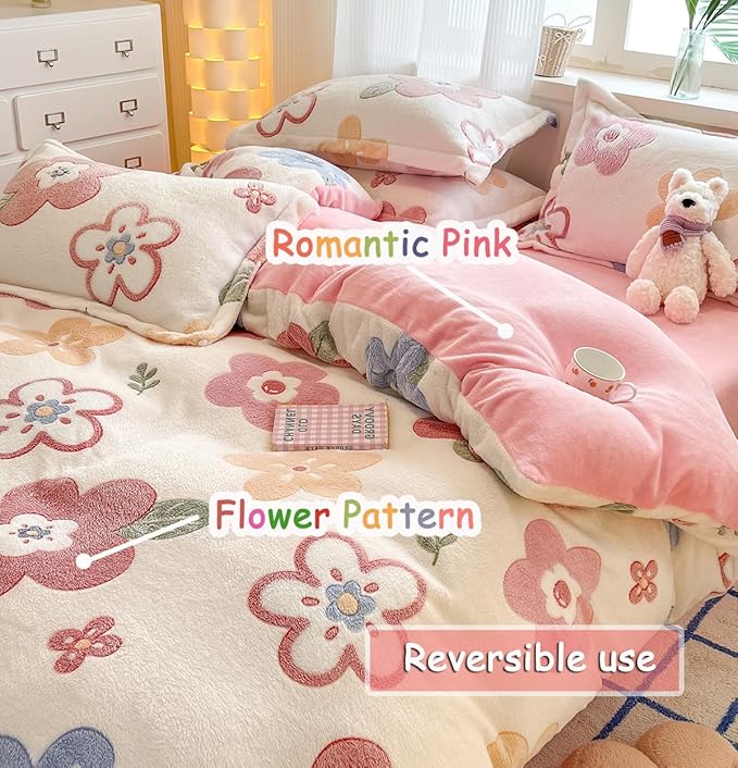 Twin Bedding Sets, Pink Duvet Cover Set, Ultra Soft Fluffy Comforter Covers Kawaii Cute Bedding Sets for Girl Kids (Flower, Twin)