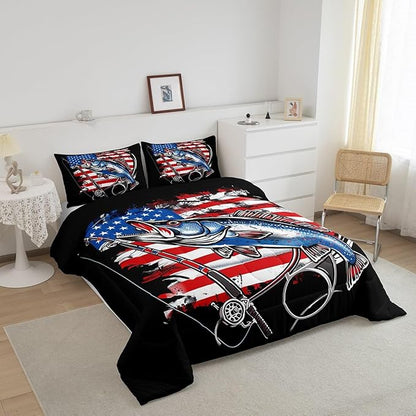 Feelyou Bass Fish Bedding Set Full Size Farmhouse Fishing American Flag Comforter Set for Kids Boys Girls Teens Fishing Lover Room Wild Pike Fish Decor Comforter Red Blue Stripe Quilted Set 3Pcs
