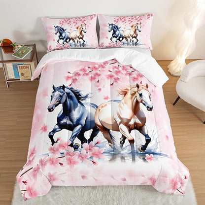 Horse Comforter Set Kids Bedding King Size,Pink Cherry Blossom Bedding Set for Girls Boys Teens Bedroom Decor Aesthetic,Galloping Horse Bedding Comforter Sets with 2 Pillowcases.