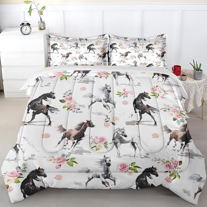 Twin Size Comforter Set with Pillowcase, Horses Soft 2 Pcs Bedding for Kids and Adults, Pink Rose Flower Comforter Set for Room Bedroom Bed Decor